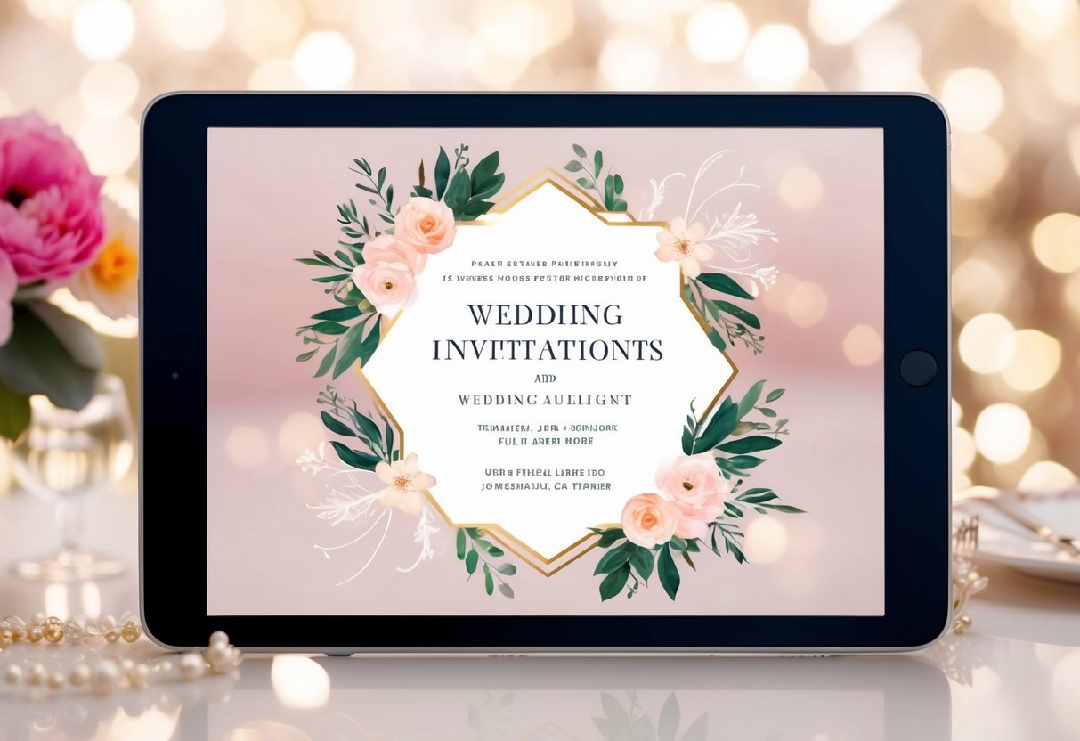 A digital device displaying a wedding invitation design with floral elements, elegant fonts, and animated graphics, set against a romantic background