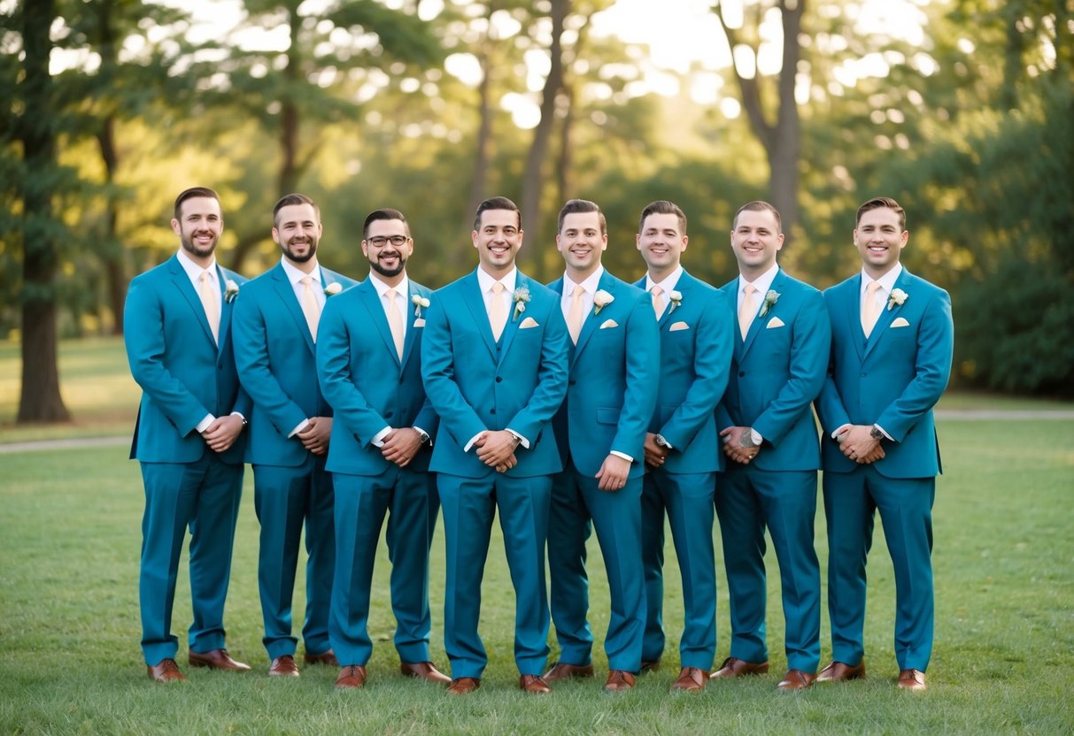 A group of groomsmen in matching suits stand together, wearing the same color as the bride's dress