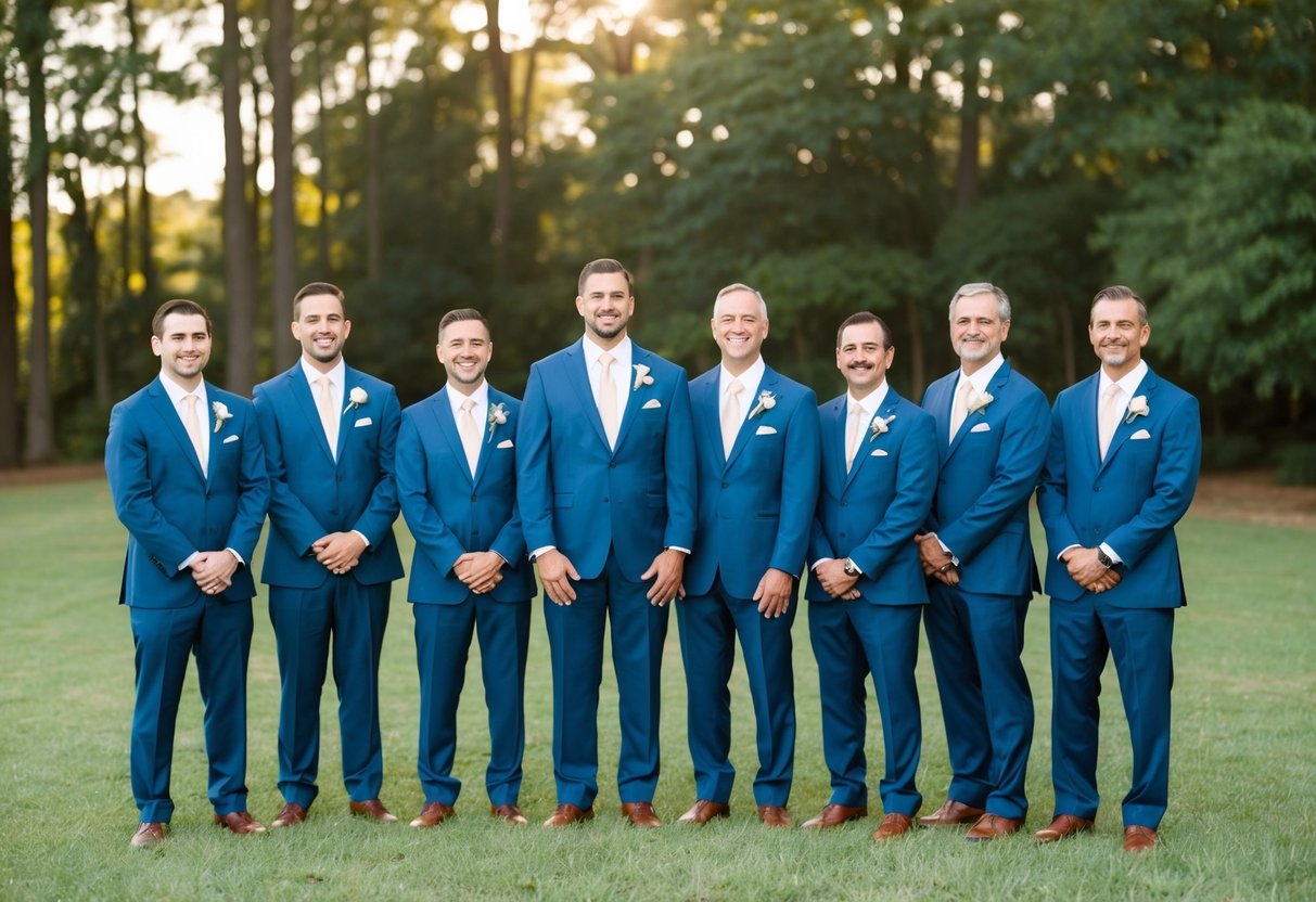 Groomsmen and dads in matching suits stand side by side