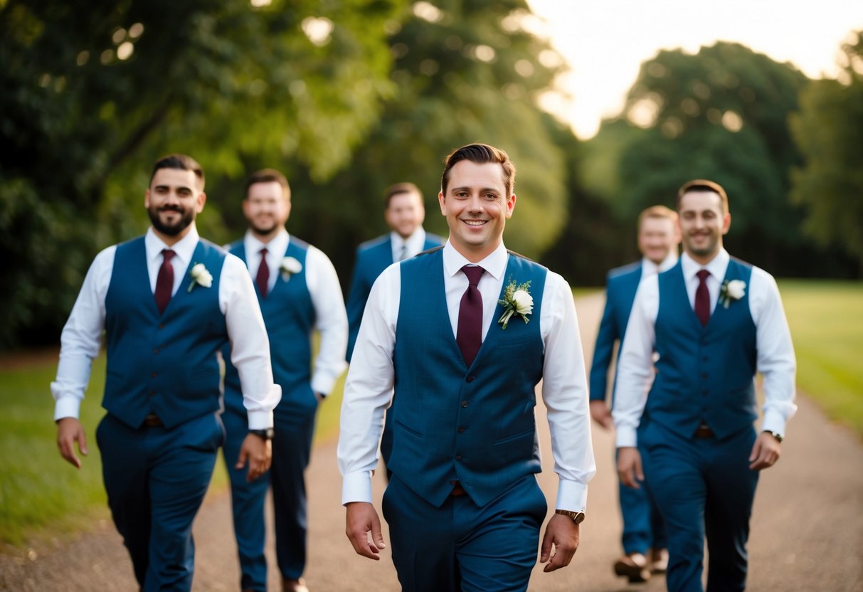 The groom walks out first, followed by the groomsmen