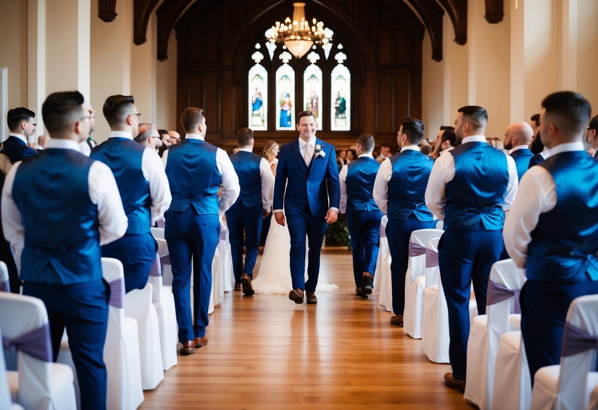 A line of groomsmen walking down the aisle, leading to the groom standing at the altar