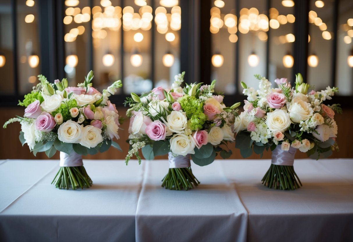 Three elegant bouquets arranged on a table