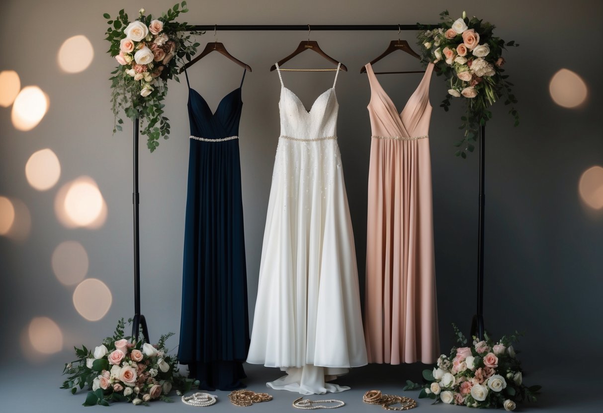 Three elegant dresses hanging on a rack, surrounded by bouquets of flowers and scattered jewelry