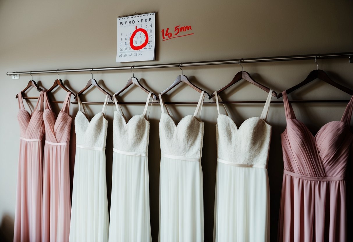 Bridesmaid dresses hanging in a row, with a calendar on the wall showing the wedding date circled in red