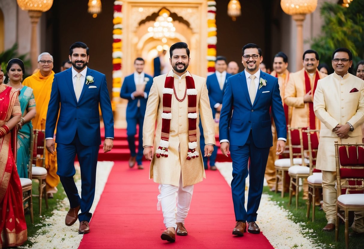 The groom walks out first, followed by the groomsmen in a cultural and religious ceremony