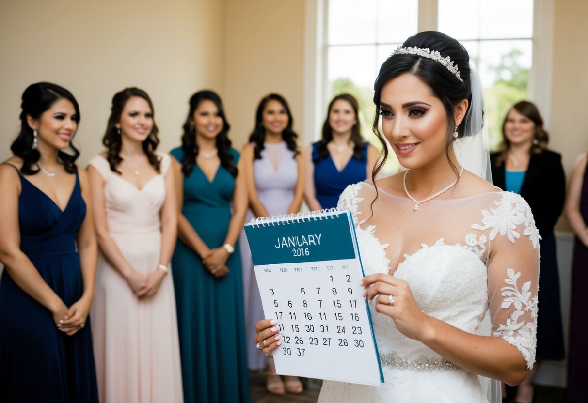 A bride holding a calendar, looking at dates with a thoughtful expression. A group of women standing nearby, waiting to be asked