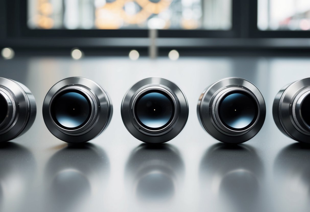 A group of three identical objects arranged symmetrically with a line of other objects on either side