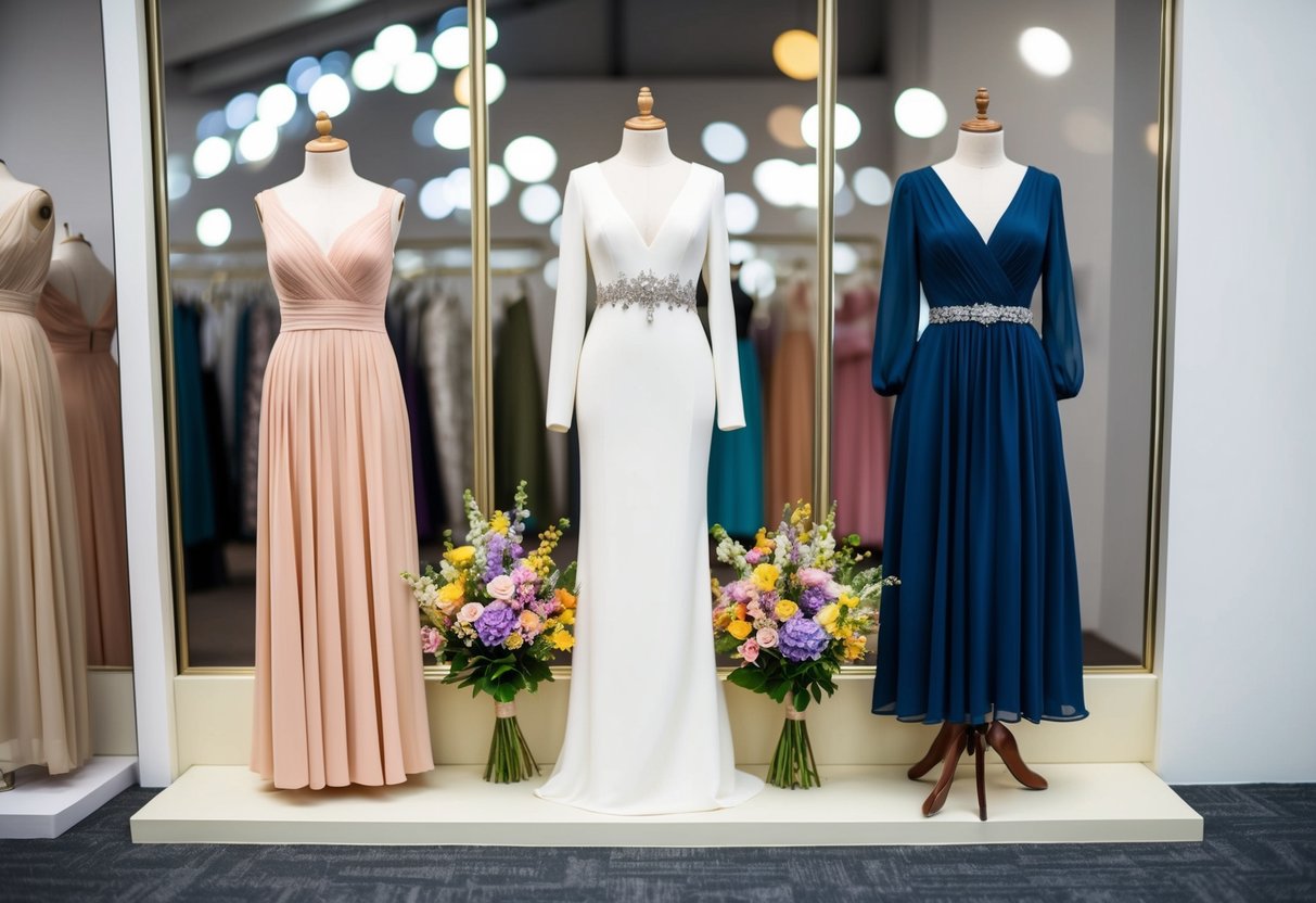 Three elegant dresses on display, each in a different style and color. Bouquets of flowers sit nearby, adding a pop of color to the scene