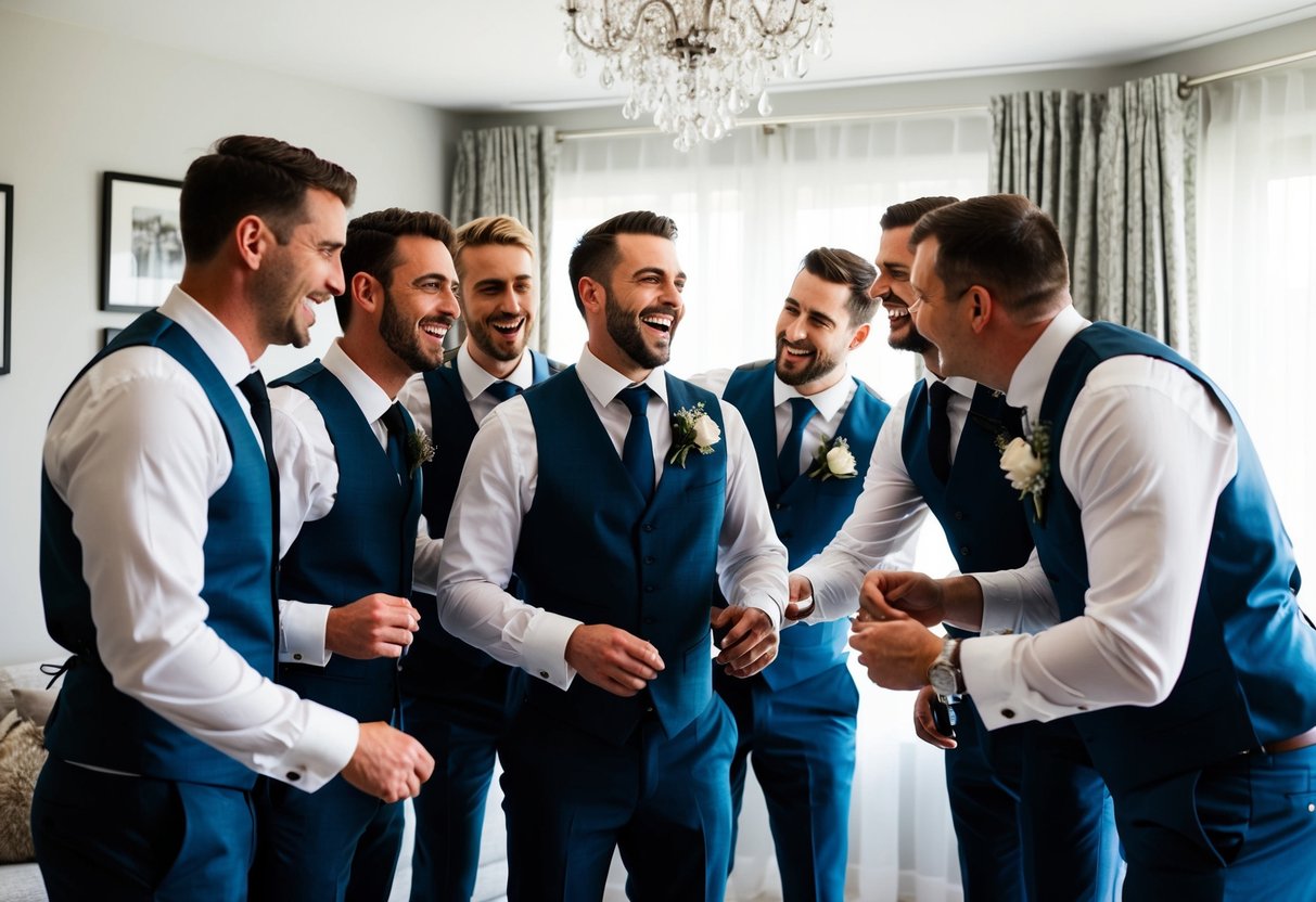 A group of friends gather around the groom, laughing and chatting, as they help him prepare for his wedding day