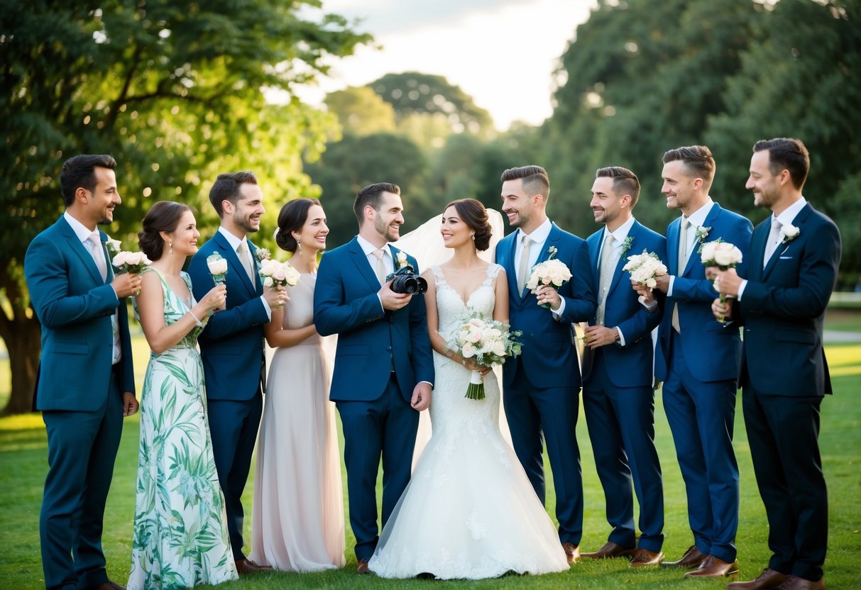 A group of friends gather around the bride and groom, each holding a symbol of their unique wedding role, such as a camera for the photographer or a bouquet for the florist