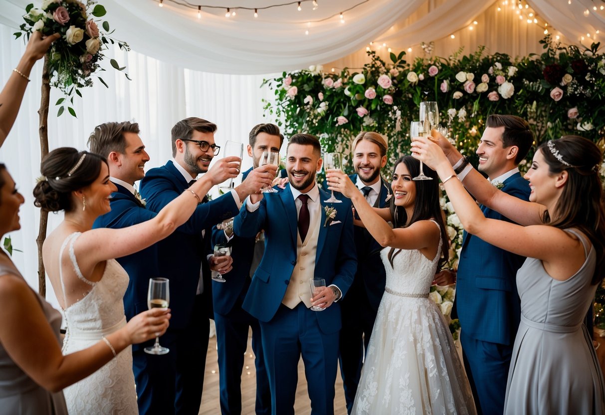 A group of friends gather around the groom, raising their glasses in a toast, while others help decorate the wedding venue with flowers and lights