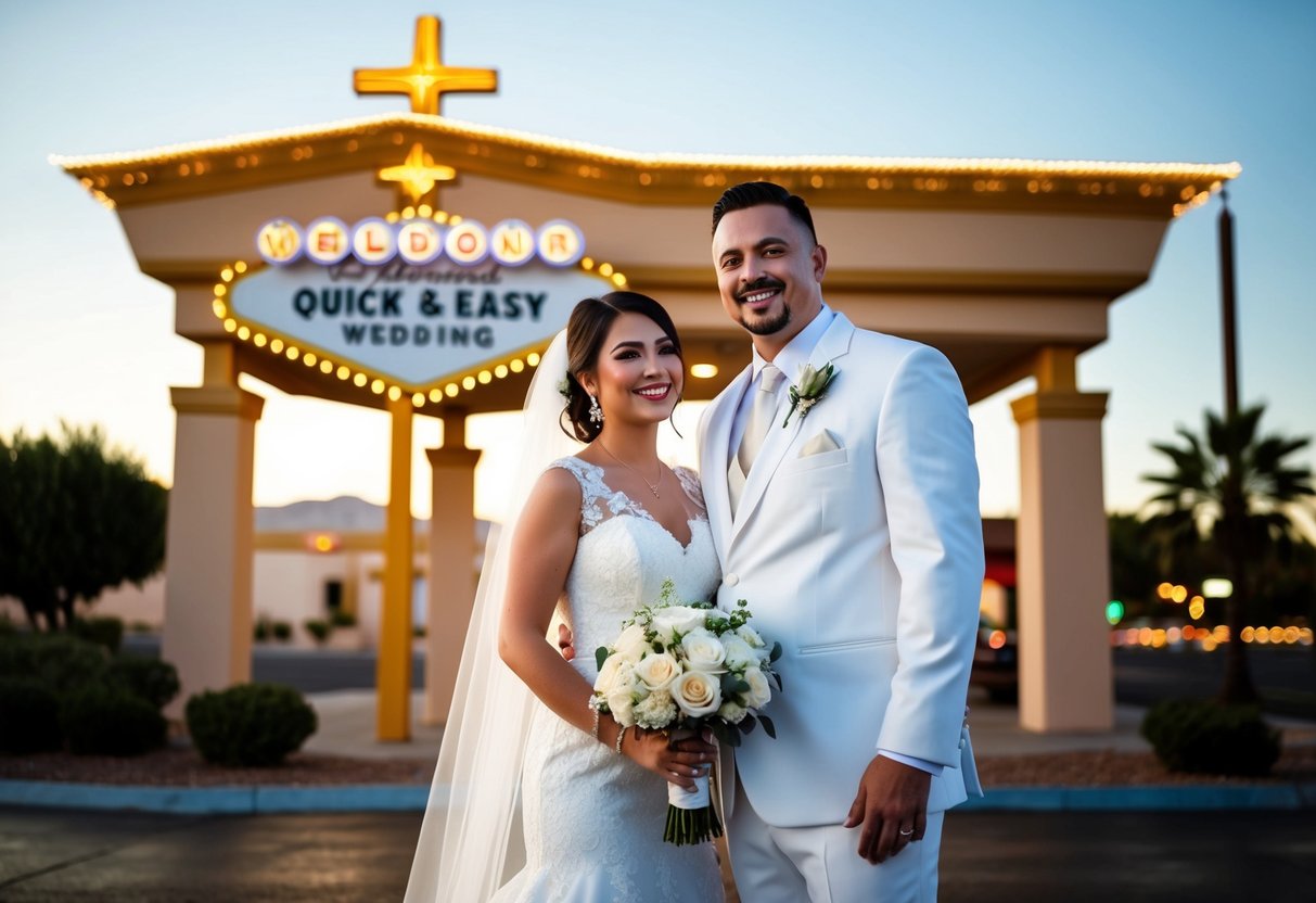 A couple in wedding attire standing in front of a Vegas-style chapel with bright lights and a sign advertising quick and easy weddings