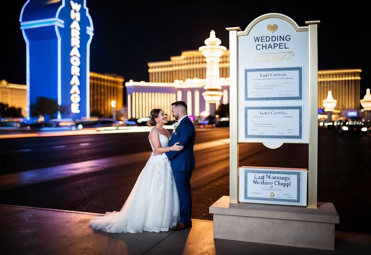 A couple stands in front of a Las Vegas wedding chapel, with a sign displaying legal marriage certificates. The bright lights of the strip illuminate the scene