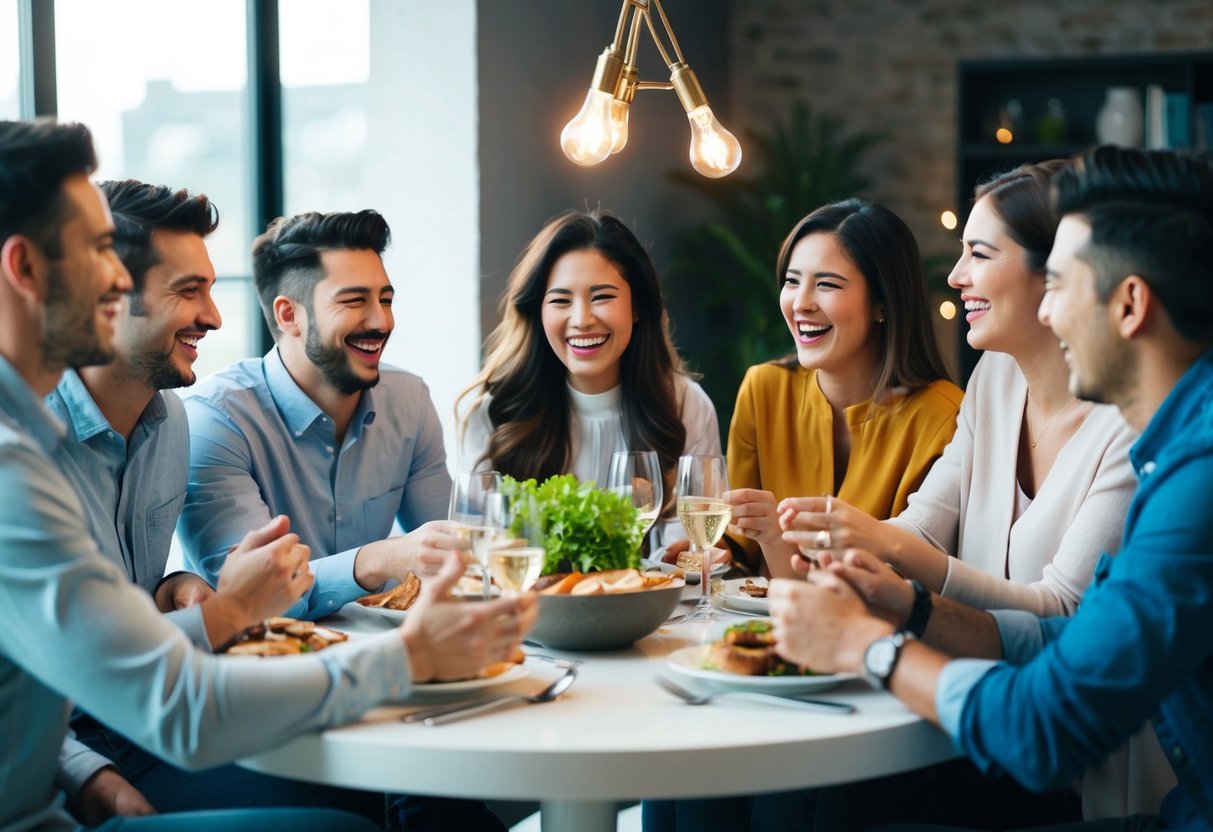 A group of friends gather around a table, laughing and sharing stories. Everyone is engaged in conversation, with smiles on their faces
