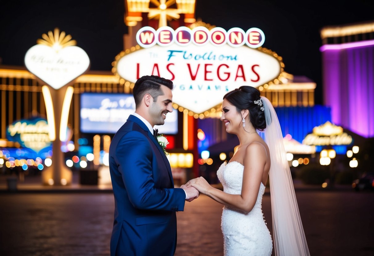 A bride and groom exchange vows in front of a Las Vegas wedding chapel, surrounded by bright lights and iconic Vegas landmarks