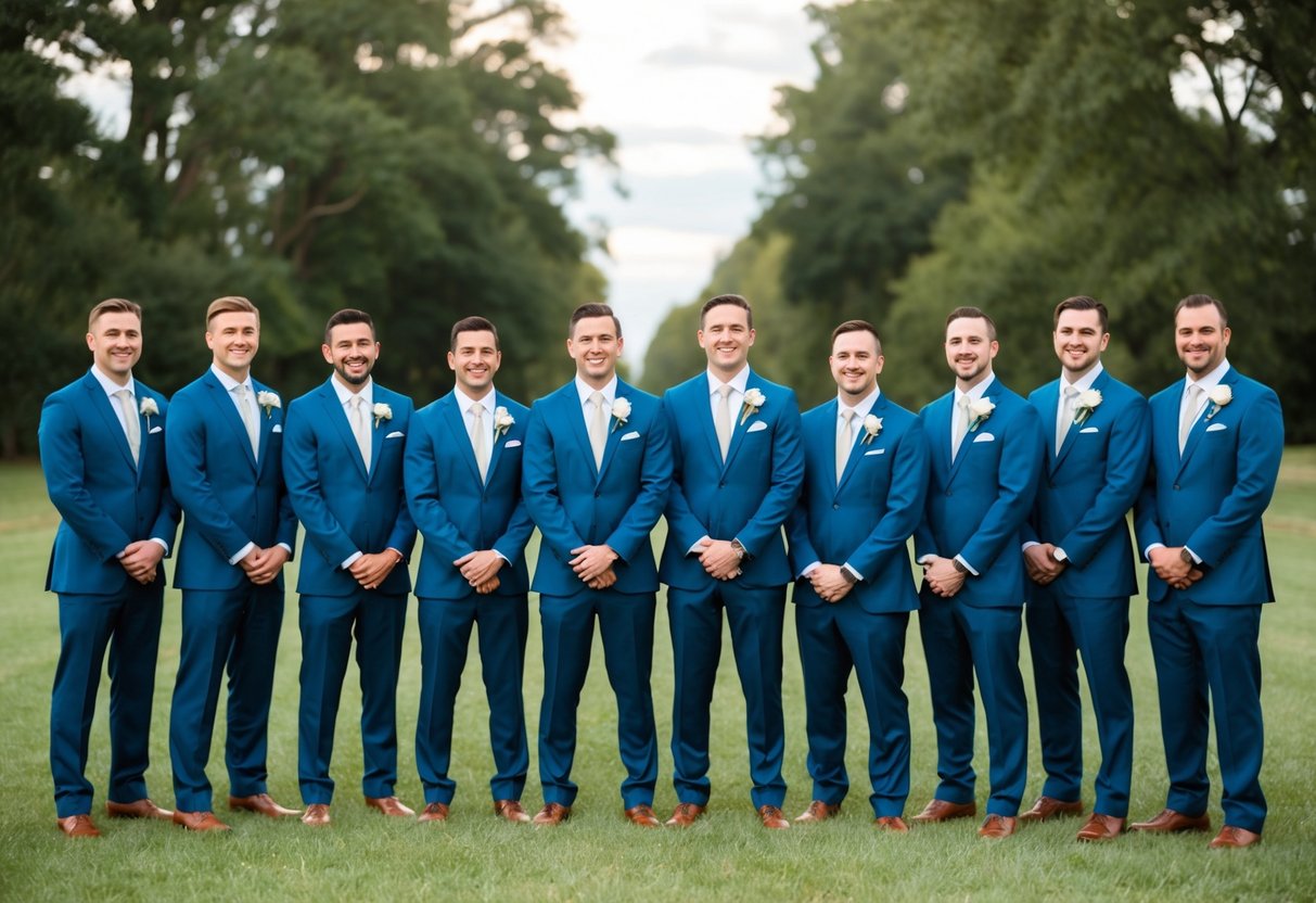 Nine groomsmen standing in a row, each wearing a matching suit and tie, with boutonnieres pinned to their lapels