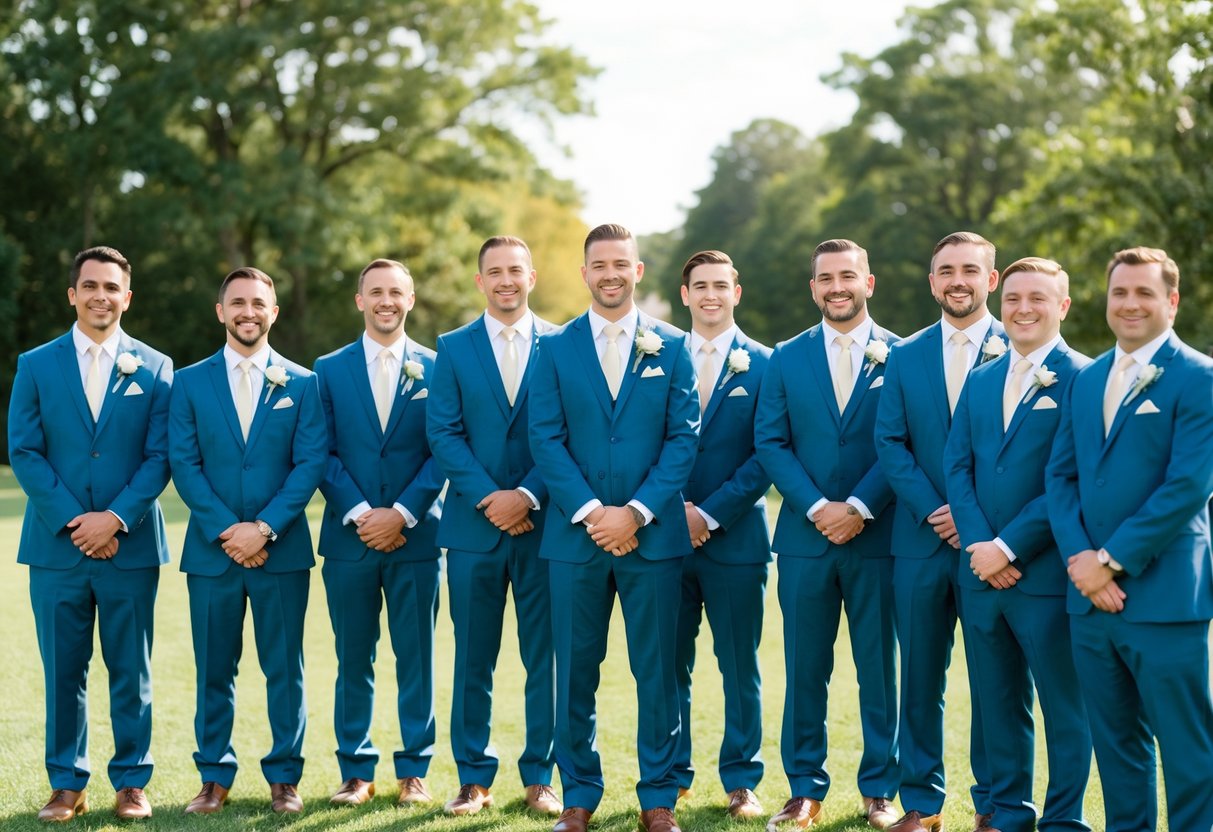 Nine groomsmen stand in a line, each holding a boutonniere. The sun shines on their matching suits as they smile for a group photo