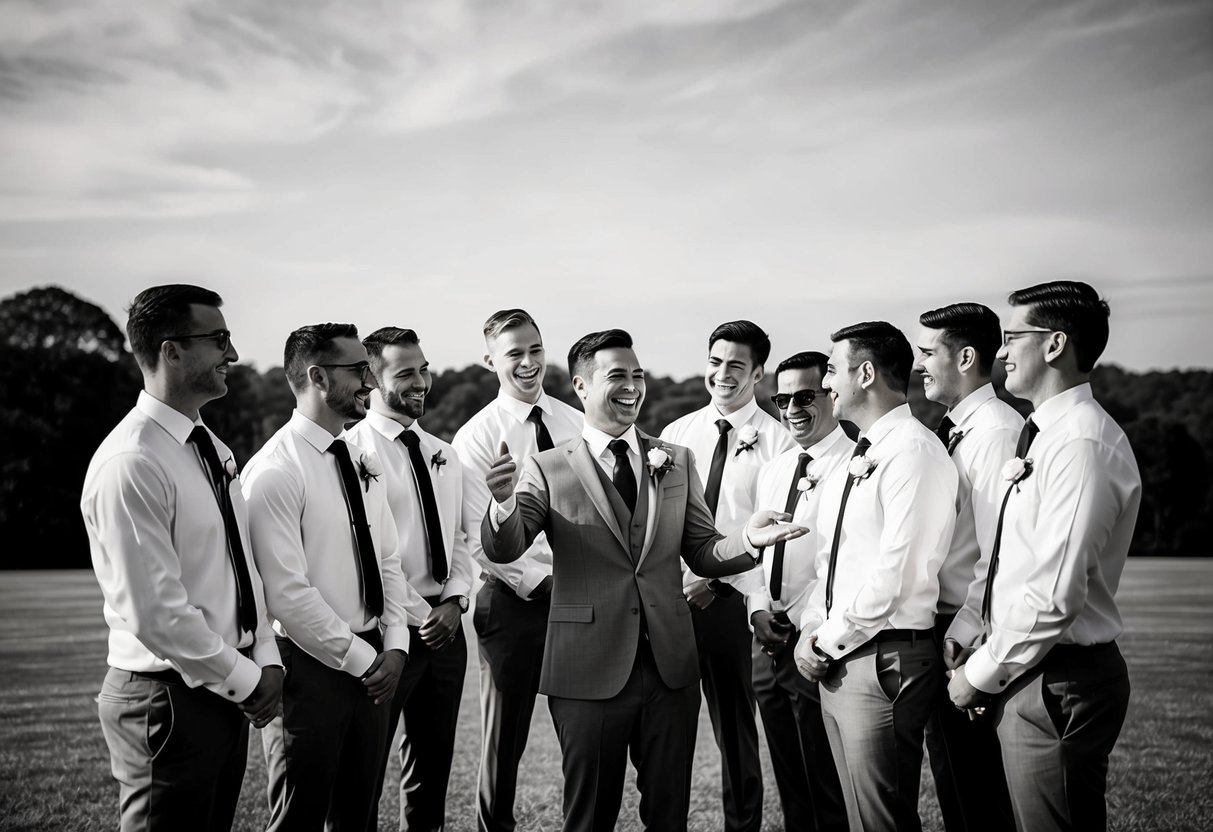 Nine groomsmen stand in a semi-circle, chatting and laughing. The groom is at the center, smiling and gesturing to his friends