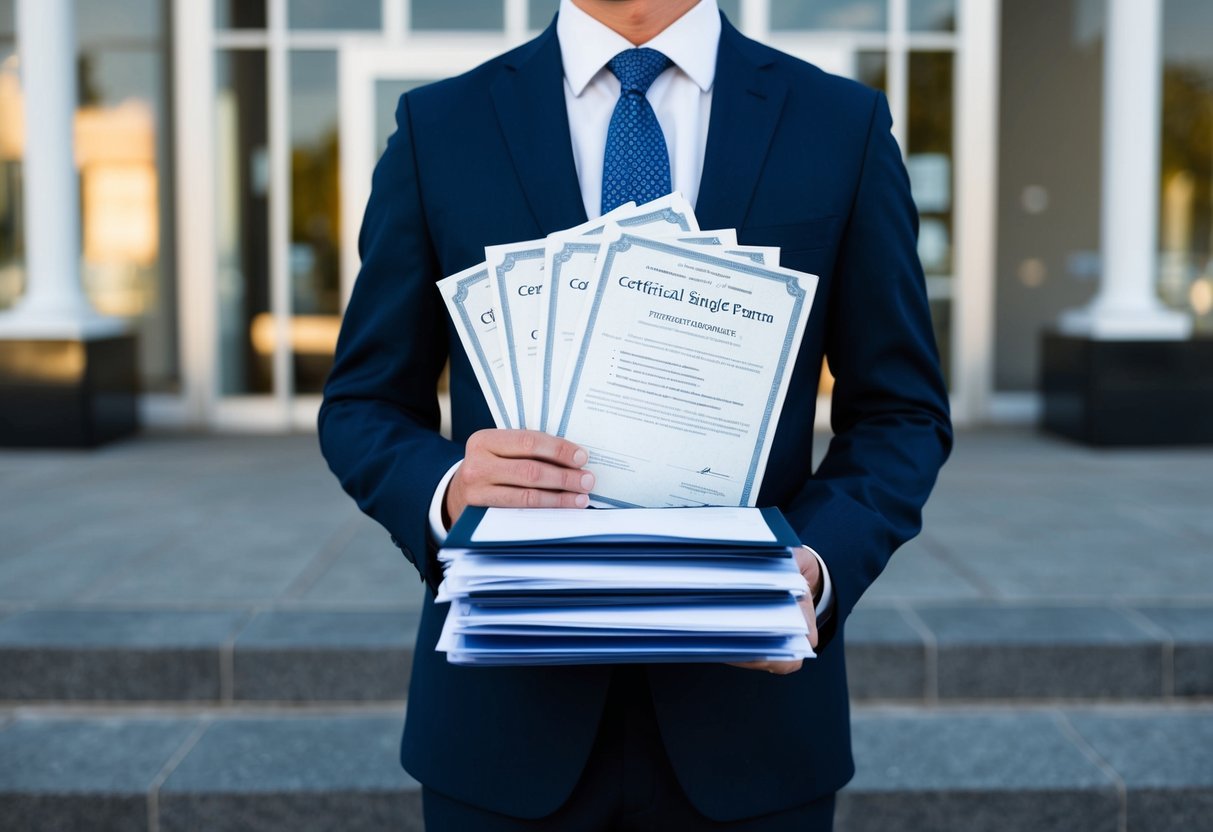 A person holding a stack of official documents, including a certificate of single status, standing in front of a government office