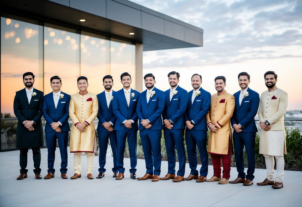 A group of nine groomsmen standing in a line, each wearing a combination of traditional and trendy attire, against a backdrop of a modern wedding venue