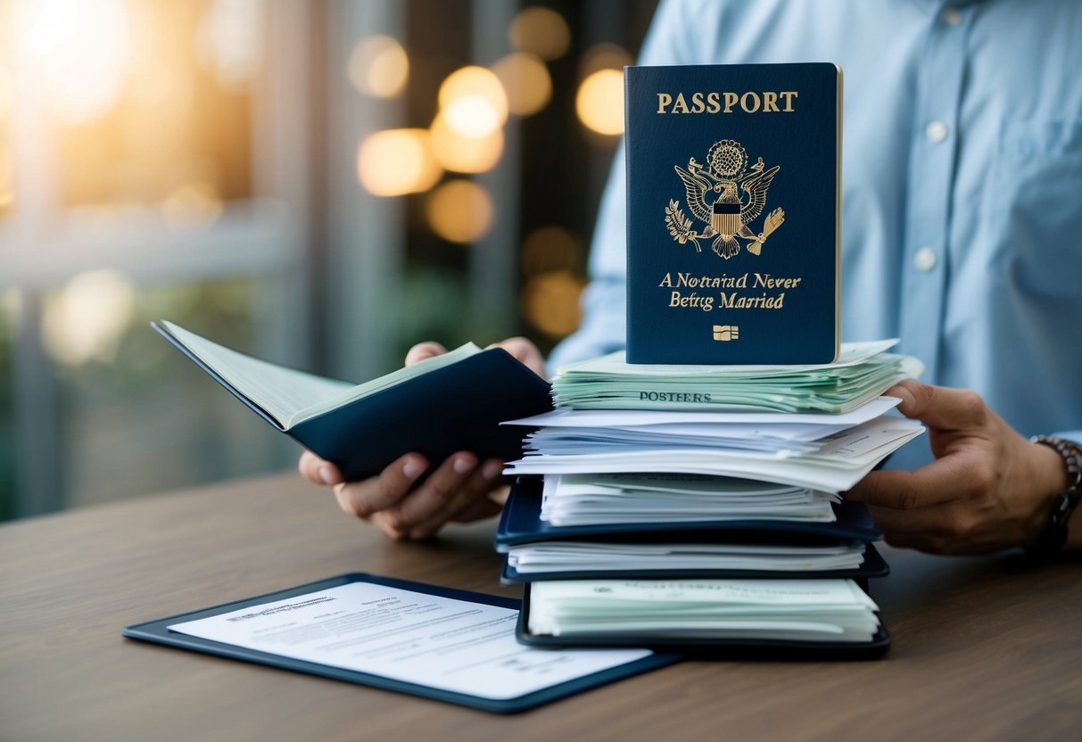 A person holding a stack of official documents, including birth certificate and passport, with a notarized affidavit stating never being married