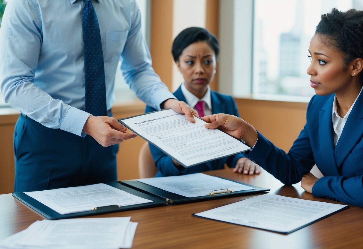 A person presenting legal documents to a clerk at a government office, with a puzzled expression as they try to prove their single marital status