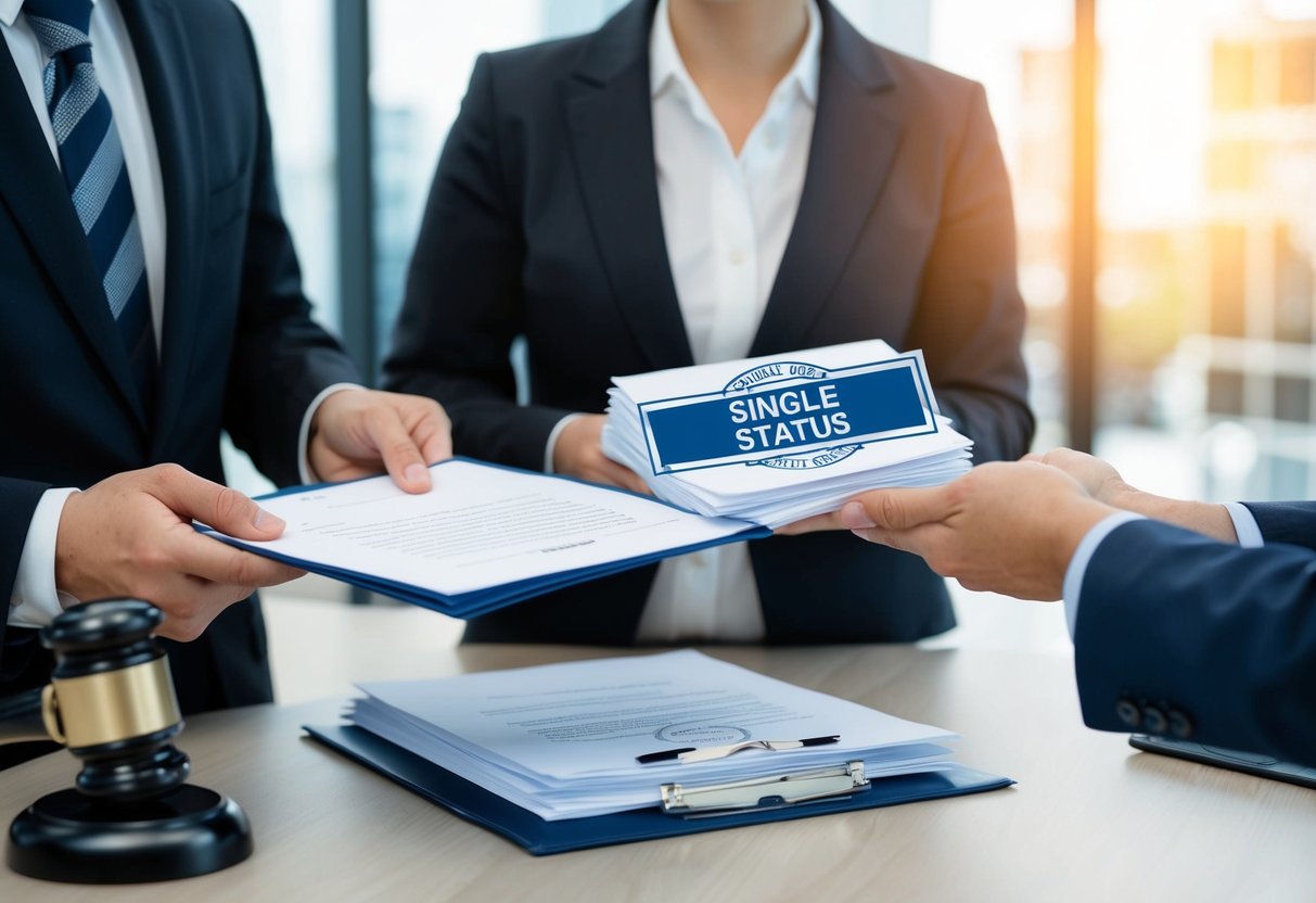 A person presenting official documents to a lawyer, with a stack of papers marked "single status" and a notary stamp