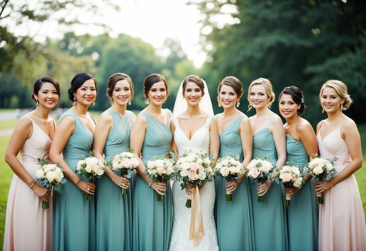 Eleven bridesmaids standing in a row, each holding a bouquet and wearing matching dresses