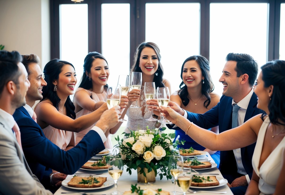A group of friends gather around a table, raising their glasses in a toast to celebrate the bride-to-be. Laughter and smiles fill the air as they share stories and memories
