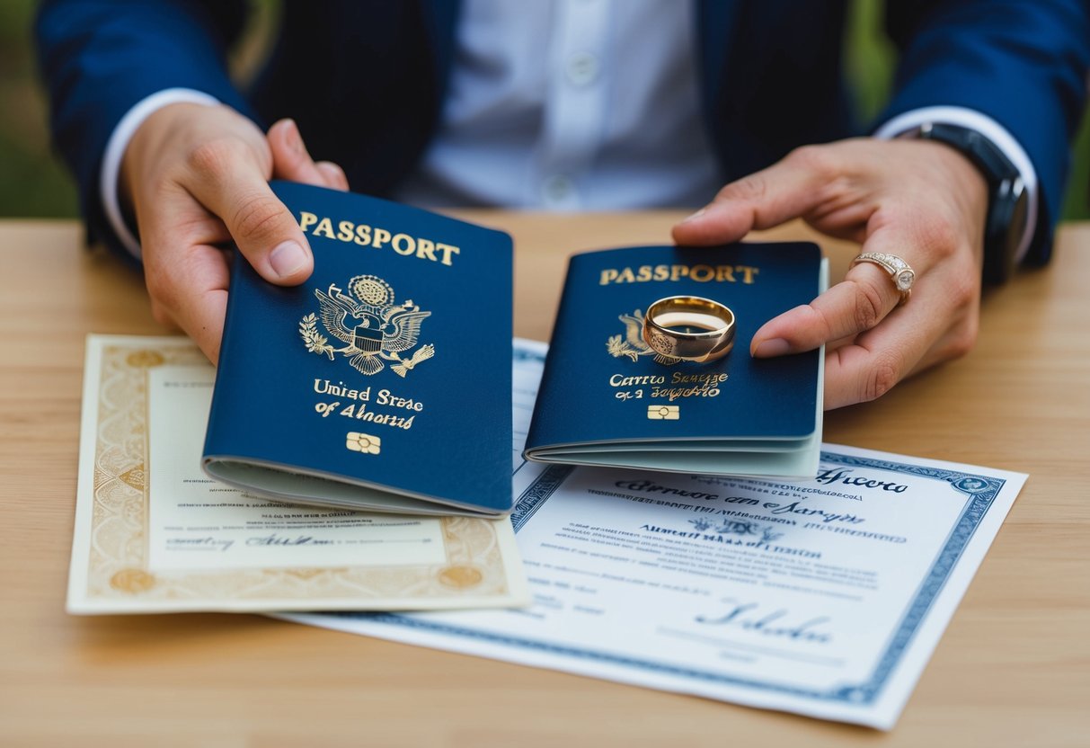 A person holding a passport and a wedding ring, with a marriage certificate in the background