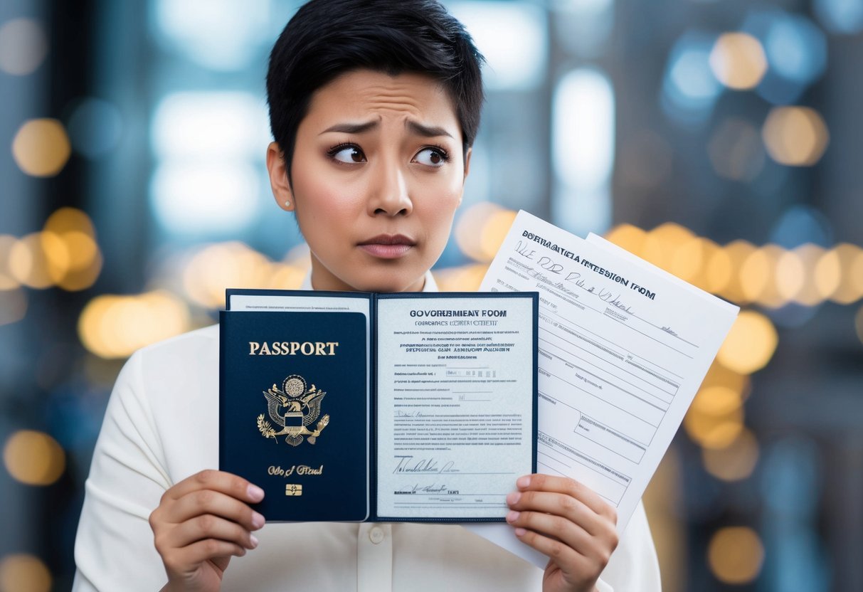 A person holding a passport with a marriage certificate and a government form, looking confused