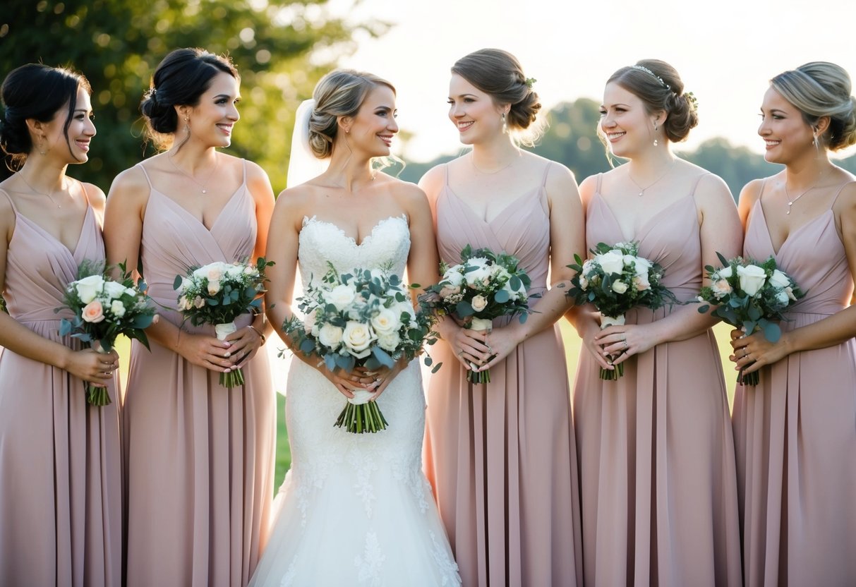 A group of bridesmaids stand together, each holding a bouquet. The bride is not accompanied by a maid of honor