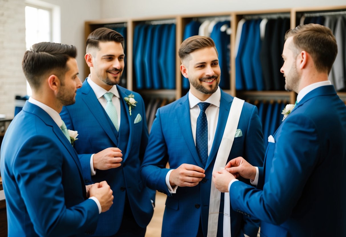 Groomsmen in suits at a tailor's shop, discussing fabric choices and getting measured by a tailor