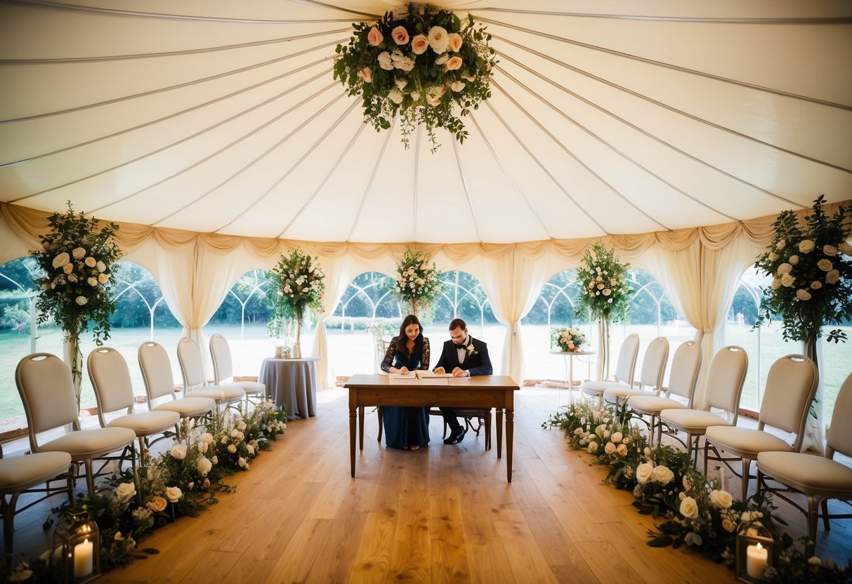 A marquee set up for a legal marriage ceremony with floral decorations, seating, and a table for signing documents