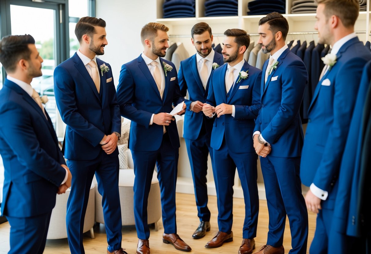 A group of groomsmen stand in a formalwear shop, discussing suits with a salesperson. Measurements are being taken and fabrics are being examined