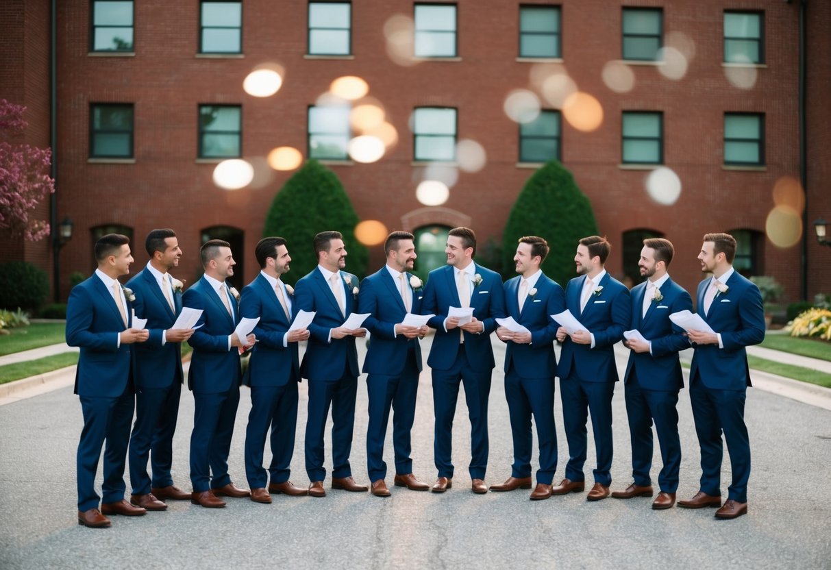 A group of groomsmen discussing suit purchases and budgeting