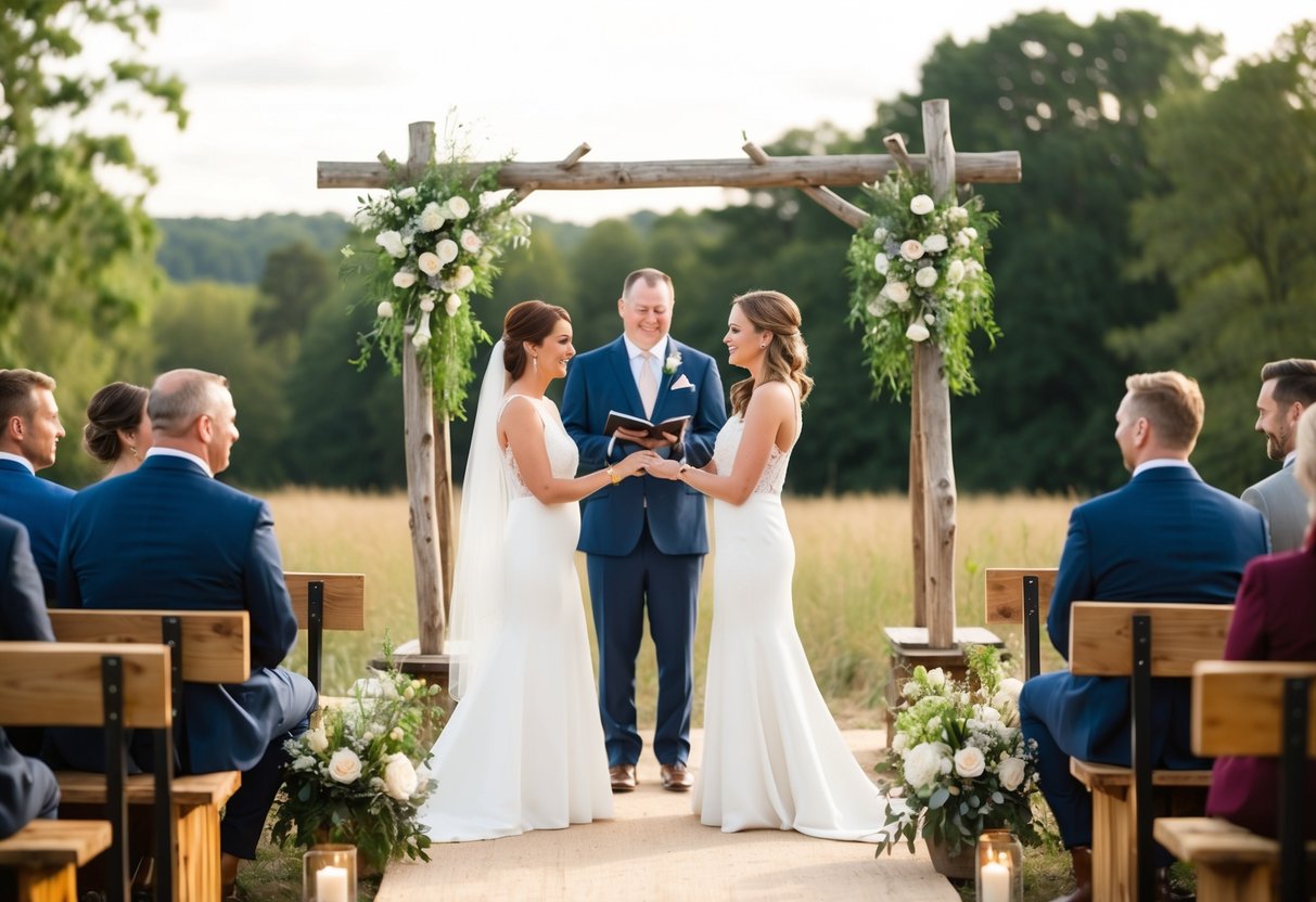 A couple exchanging vows in a rustic outdoor setting with a makeshift altar and guests seated on wooden benches