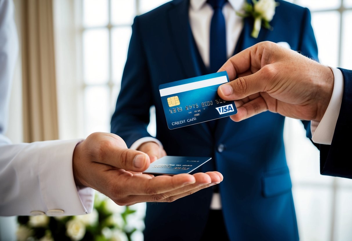 The best man hands over a credit card to cover wedding expenses