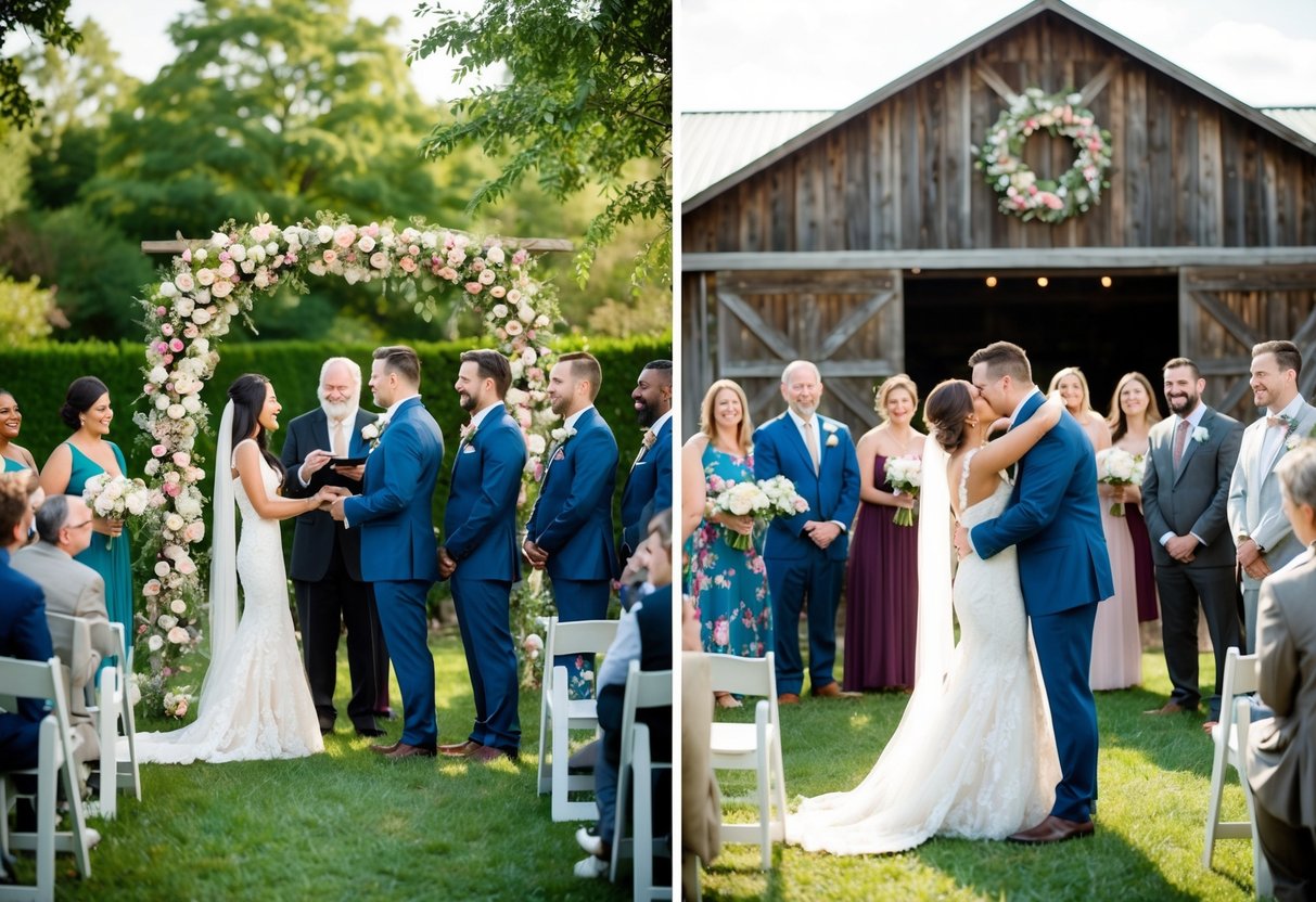 A diverse group celebrates in a garden, exchanging vows under a floral arch. Nearby, a couple embraces in a rustic barn, surrounded by friends and family