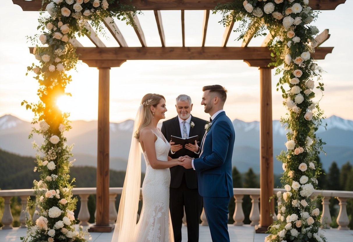 A couple standing in front of a beautiful outdoor altar, exchanging vows with a scenic backdrop of mountains and a setting sun