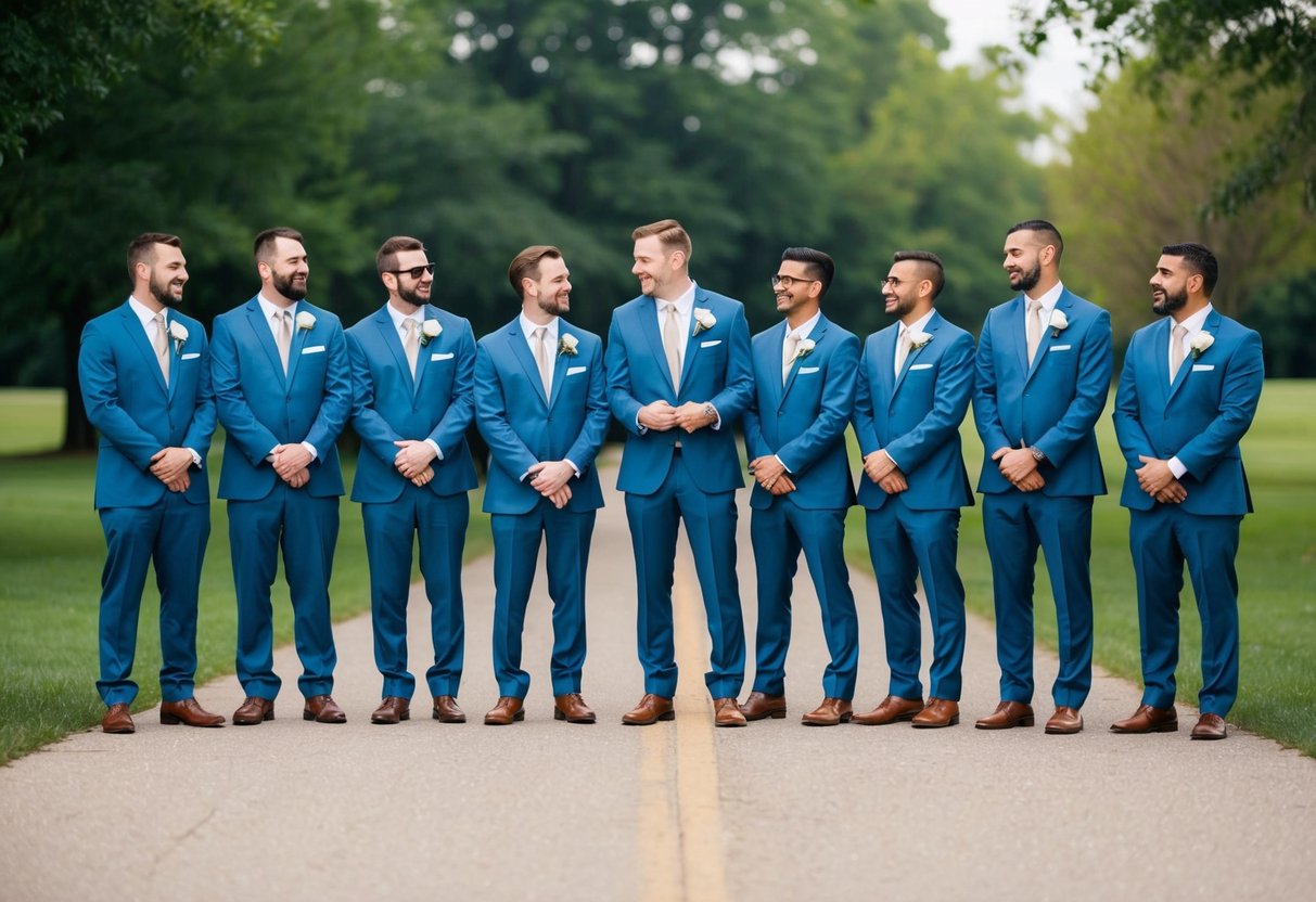 A groom selects groomsmen from a group of friends, standing together in a line, dressed in matching suits