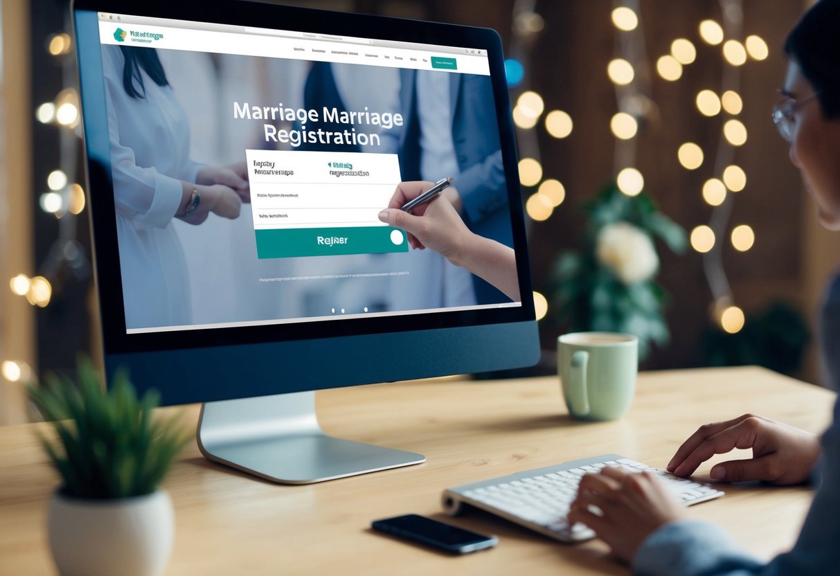 A computer screen displaying a marriage registration website with a cursor clicking on the "register" button