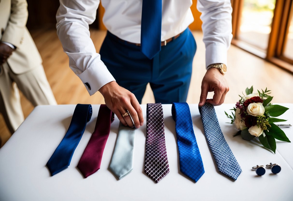 A groom's hand selects different colored neckties for the groomsmen, arranging them on a table next to a boutonniere and cufflinks