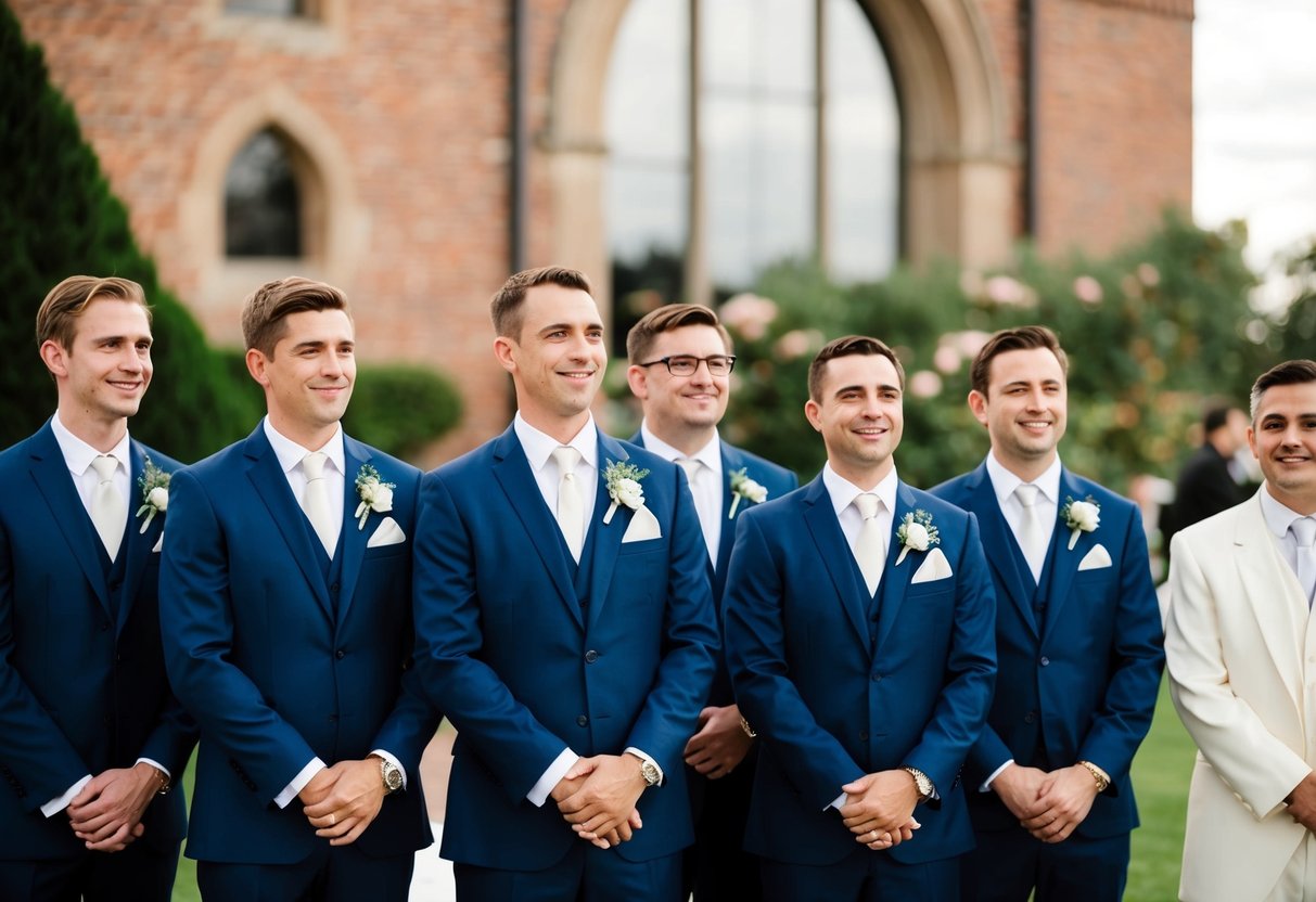 A group of men in formal attire stand beside the groom at a wedding ceremony