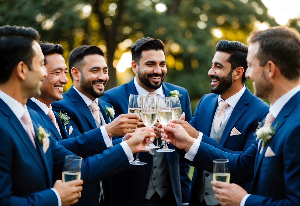 A group of men in formal attire gather and laugh together, raising glasses in a toast at a pre-wedding celebration