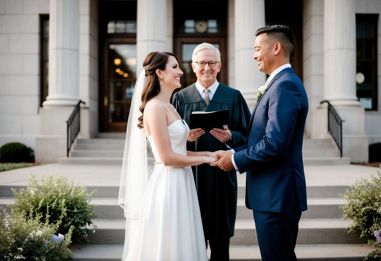 A couple standing before a courthouse, exchanging vows with a justice of the peace officiating