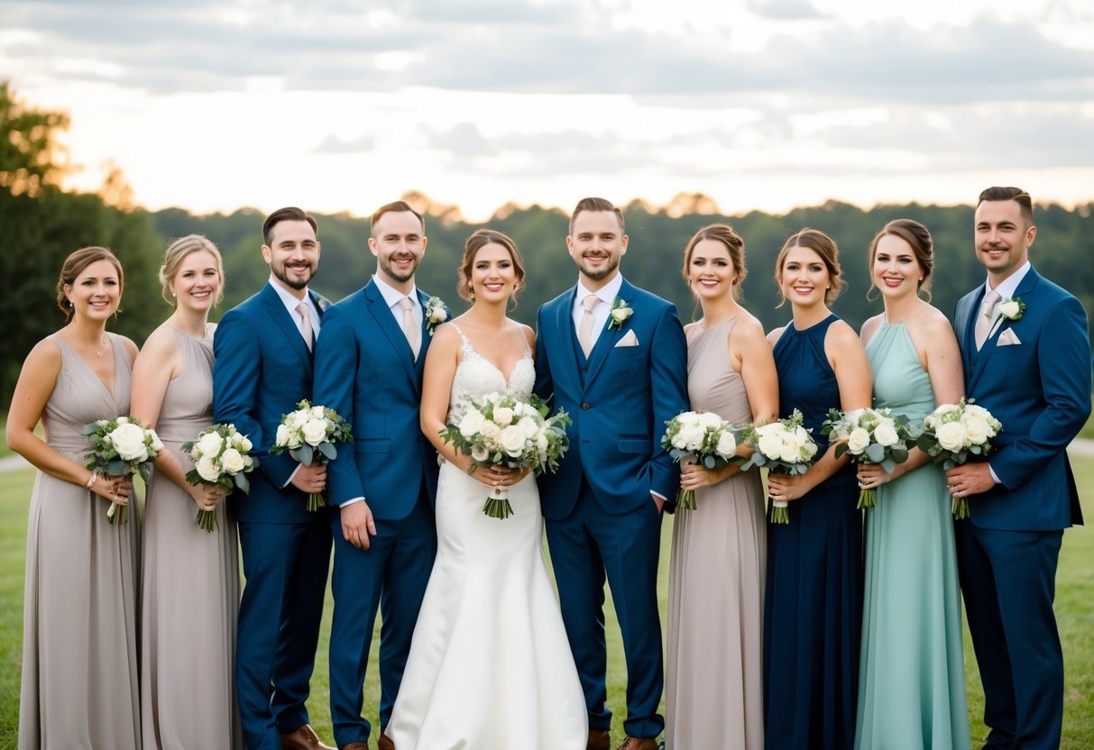 A group of couples stand together, each pair dressed in coordinating attire, with the bridesmaids holding bouquets and the groomsmen wearing boutonnieres