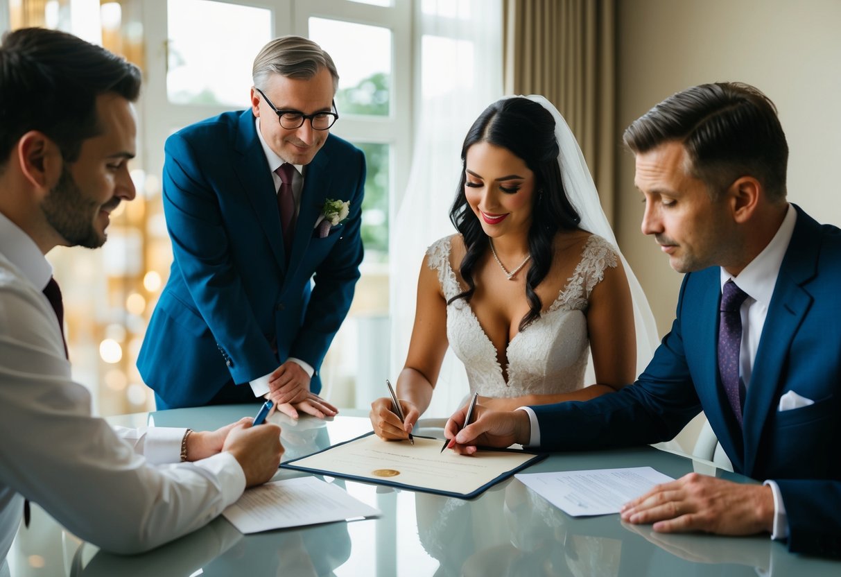 A couple signing a marriage certificate with a skeptical official observing