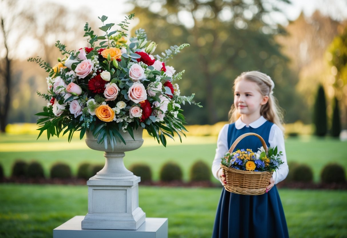 A bouquet is placed on a pedestal. A young girl stands nearby, holding a basket of flowers