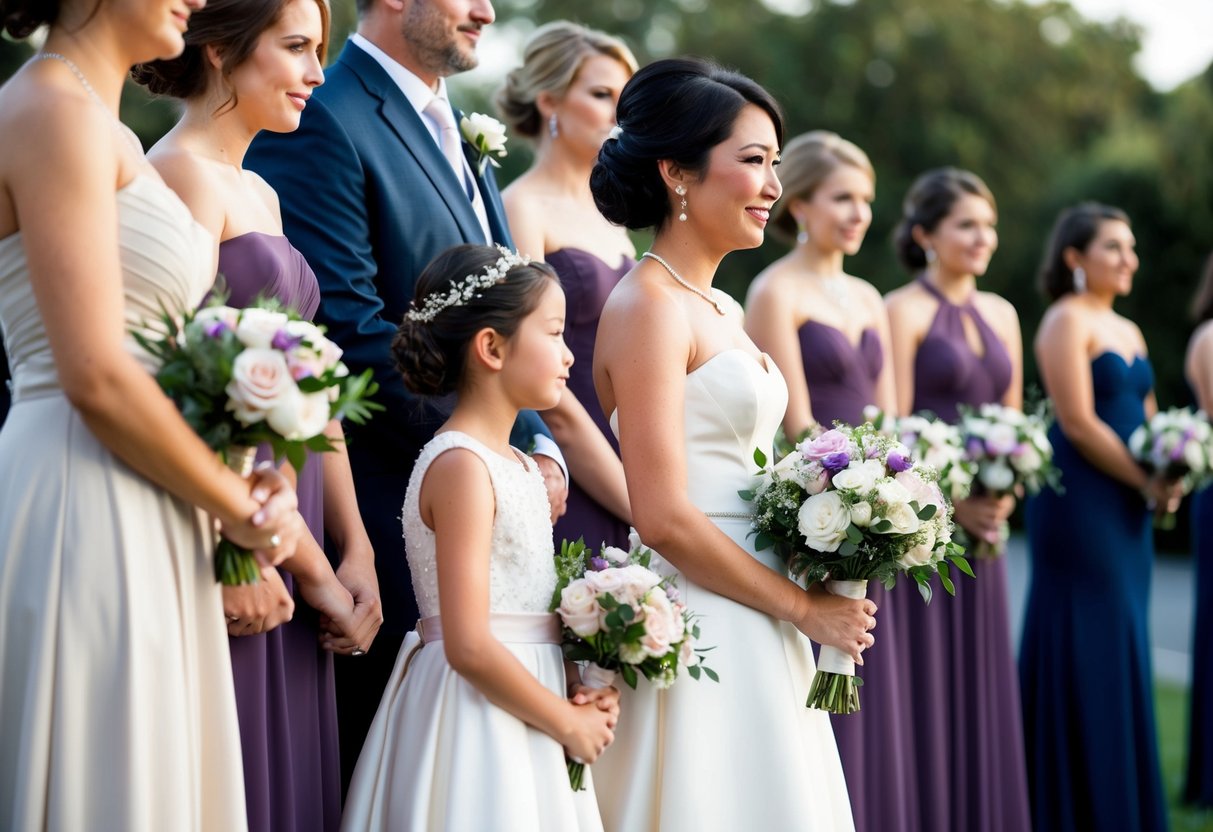 A woman in a formal gown stands beside a young girl in a flower-adorned dress, both holding bouquets. They appear to be in a line with other wedding party members